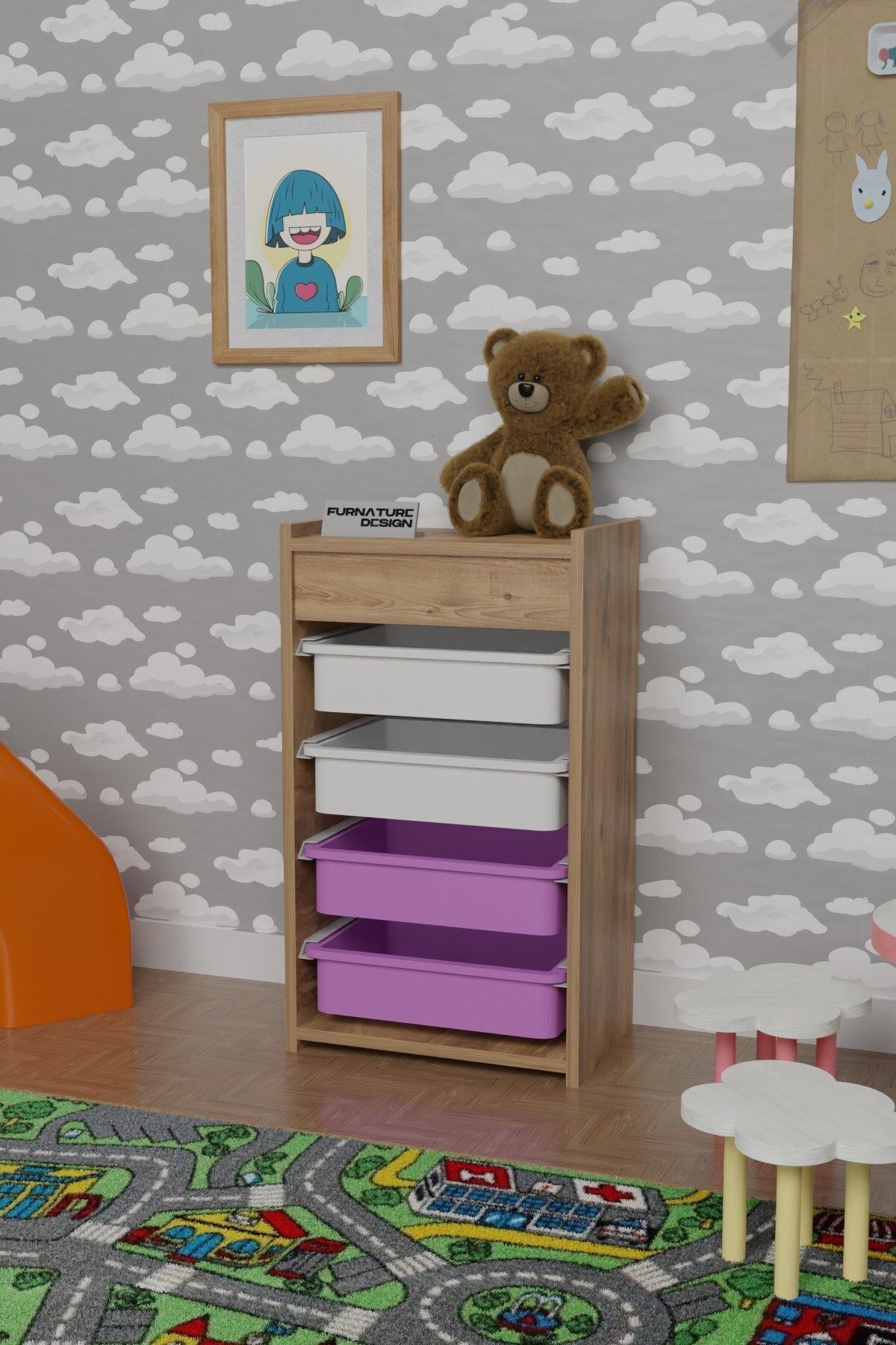 CMKStore 4 Sepetli Oyuncak Dolabı Çok Amaçlı Mutfak Dolabı Sebzelik Atlantik Çam