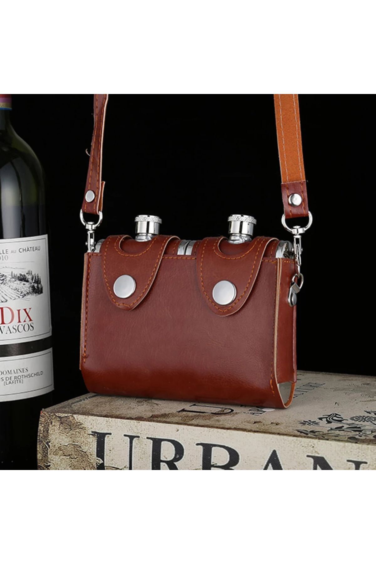 METTREND Paslanmaz Suni Deri Askılı Çantalı Ikiz Viski Konyak Içki Matarası Cep Matarası 270 ml