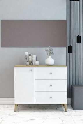 DEMİNA Kapaklı Şifonyer Safir Meşe Gövdeli Beyaz Kapaklı - %100 Mdf