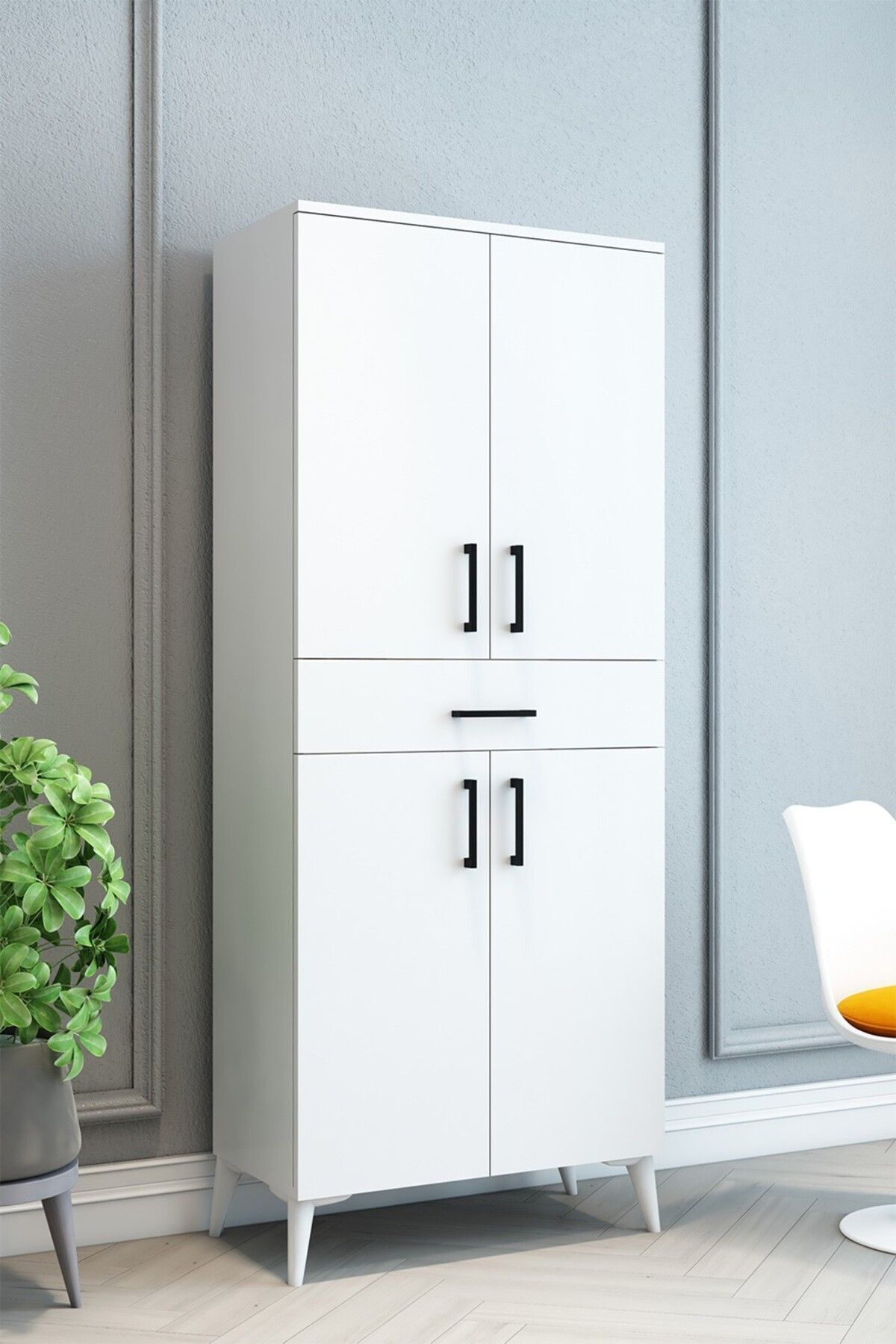 DEMİNA Beyaz Çok Amaçlı Çekmeceli Erzak Dolabı Kiler - 175x70x37 - %100 Mdf
