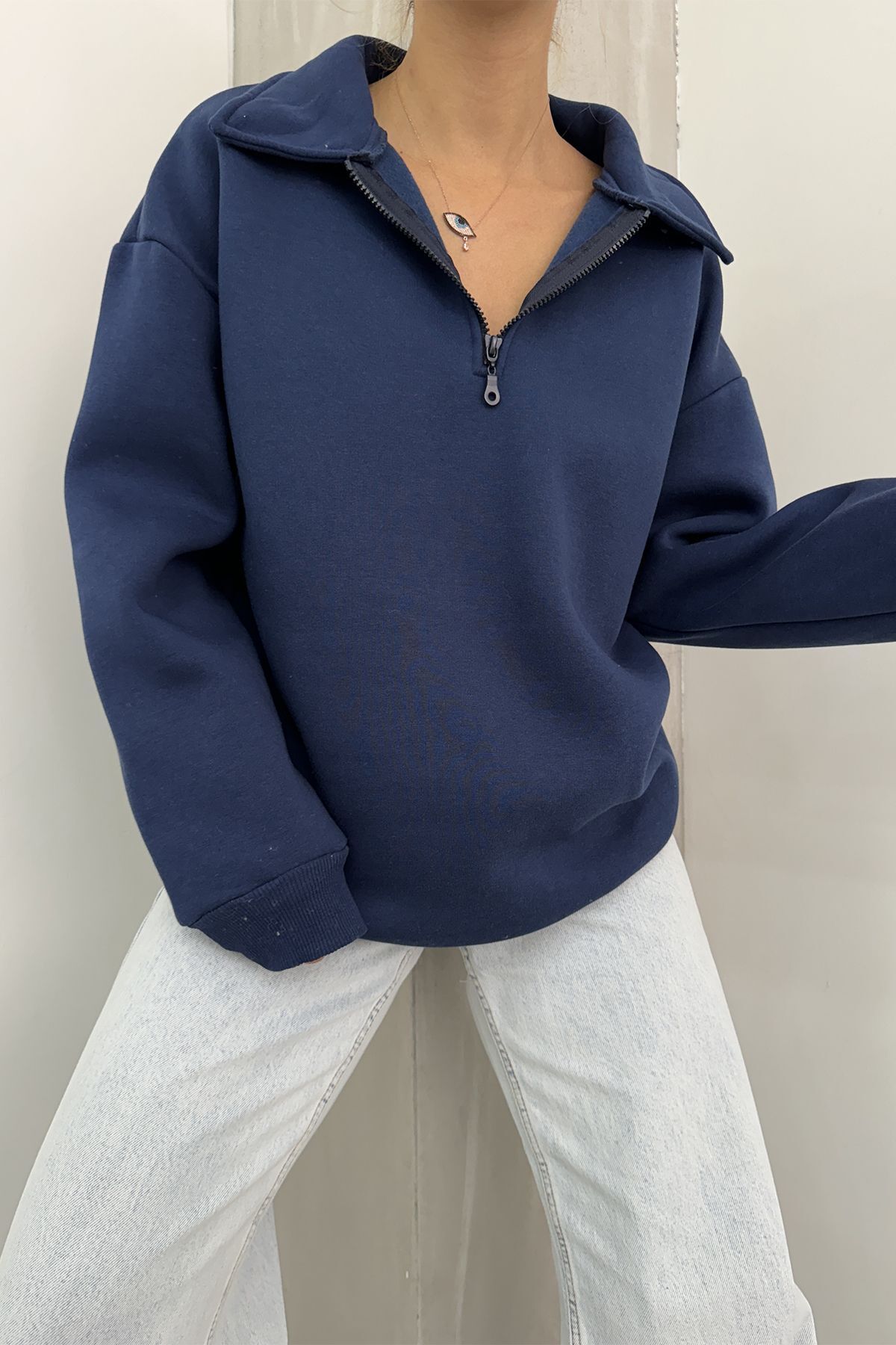 Sun Victoria-Women's Navy Blue Polo Neck Oversize 3 Thread Ribbed Sweatshirt 7