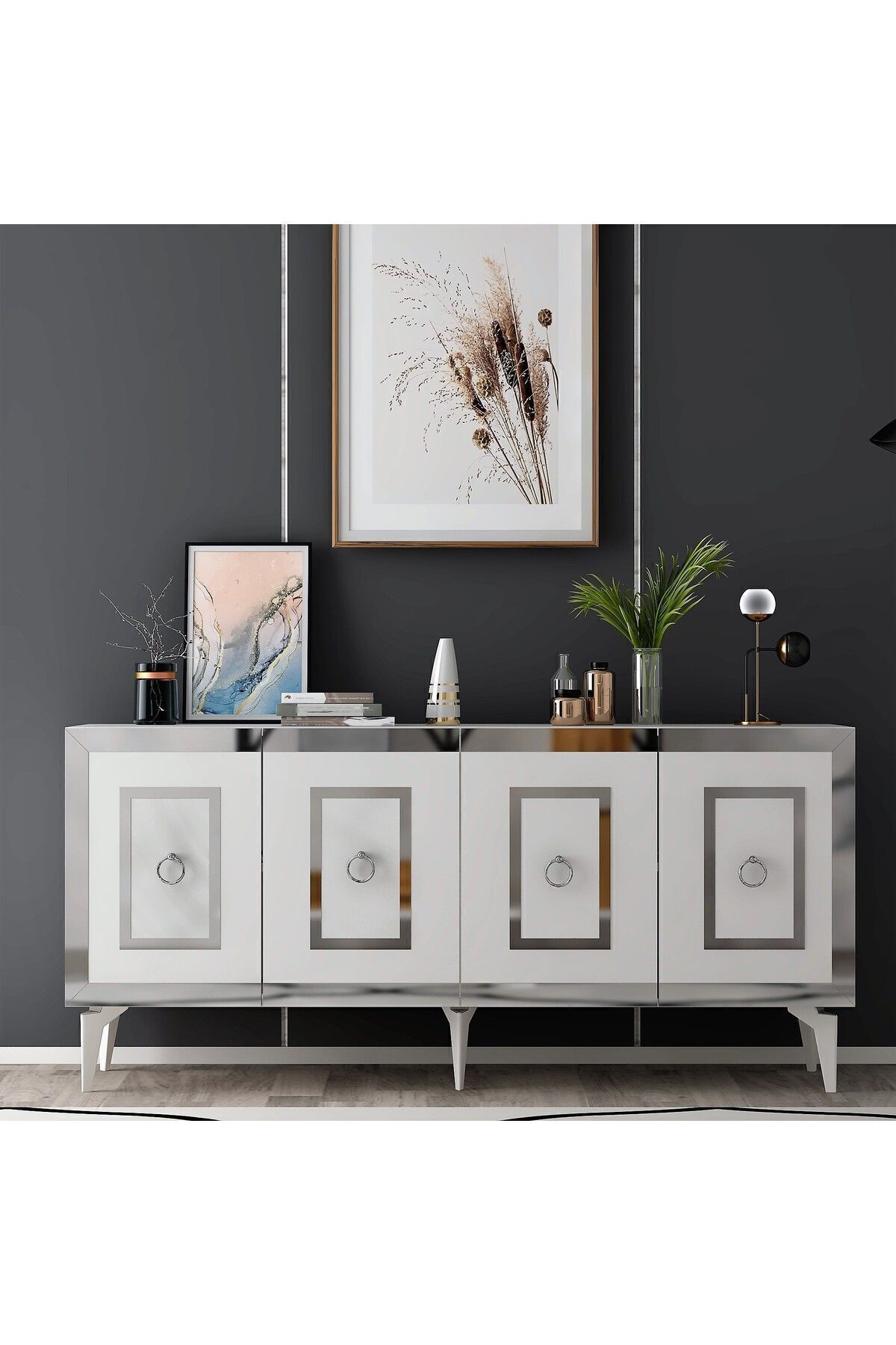 cantek dizayn Karrya Konsol 4 Kapaklı Raflı Beyaz-gümüş