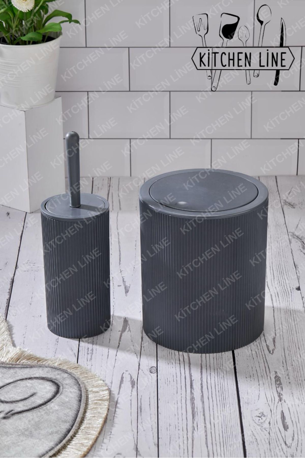 Kitchen Line Yuvarlak Çöp Kovası & Yuvarlak Tuvalet Fırçası Seti Ikili Banyo Seti Koyu Gri