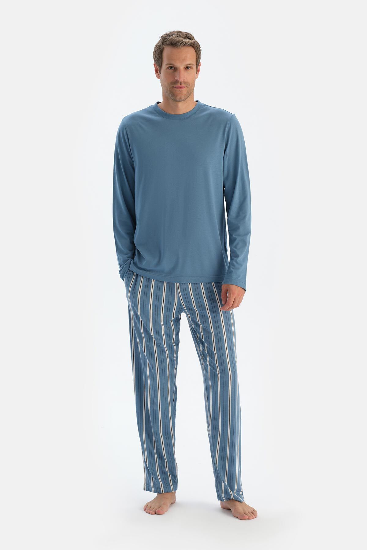 Dagi-Blaues Langarm-T-Shirt- und Hosen-Pyjama-Set – Rundhalsausschnitt 4
