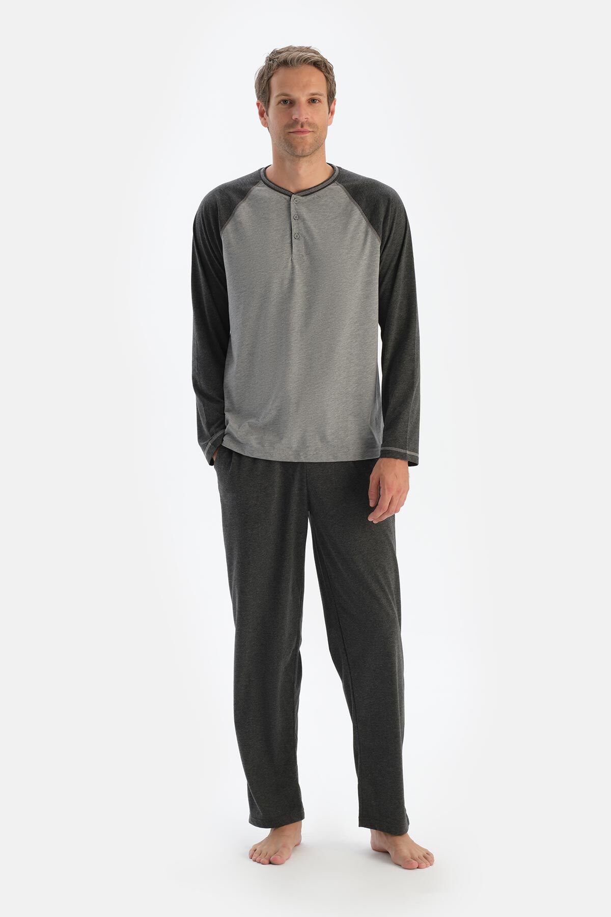 ست پیژامه مردانه مجموعه لباس خواب GRAY MELANGE MENSTRUAL ARM T SHIRT PANTS Dagi
