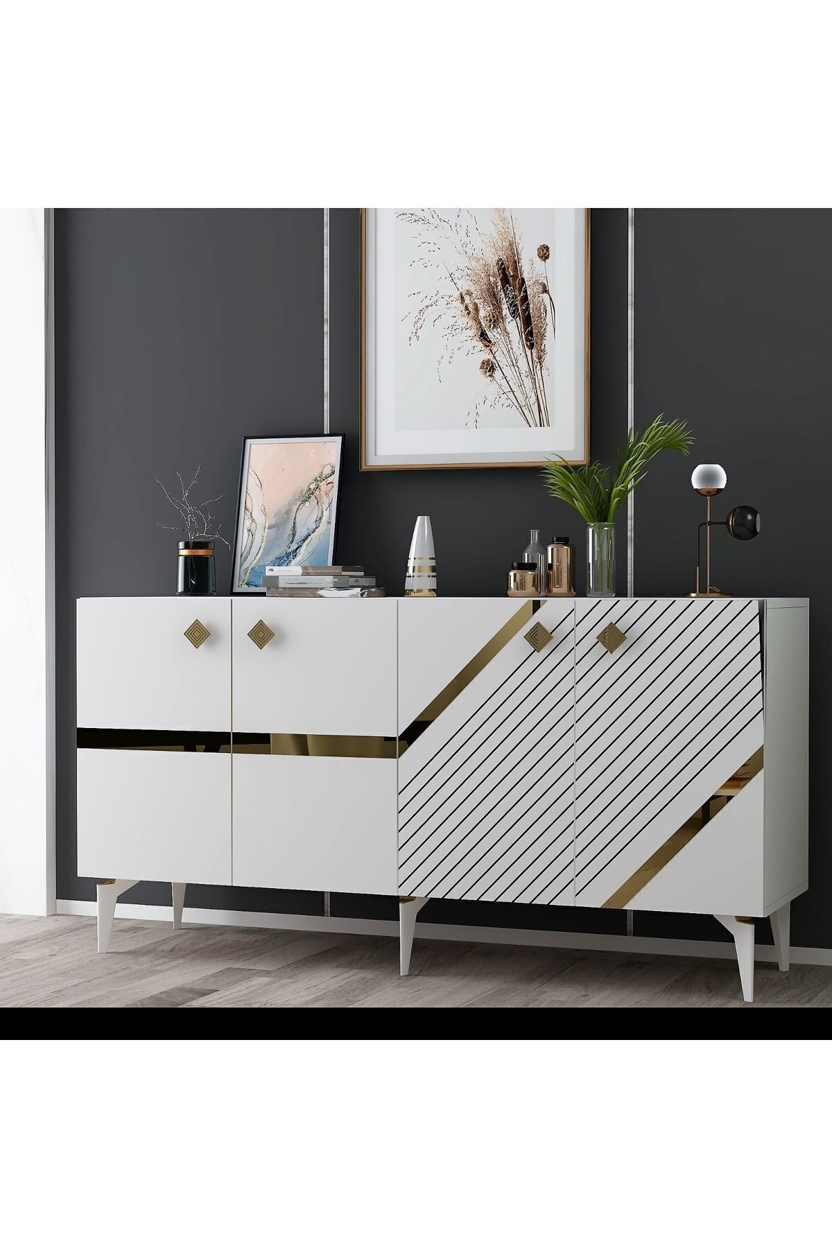 DEMONTE DECOR İRİS KONSOL 4 KAPAKLI RAFLI BEYAZ-ALTIN