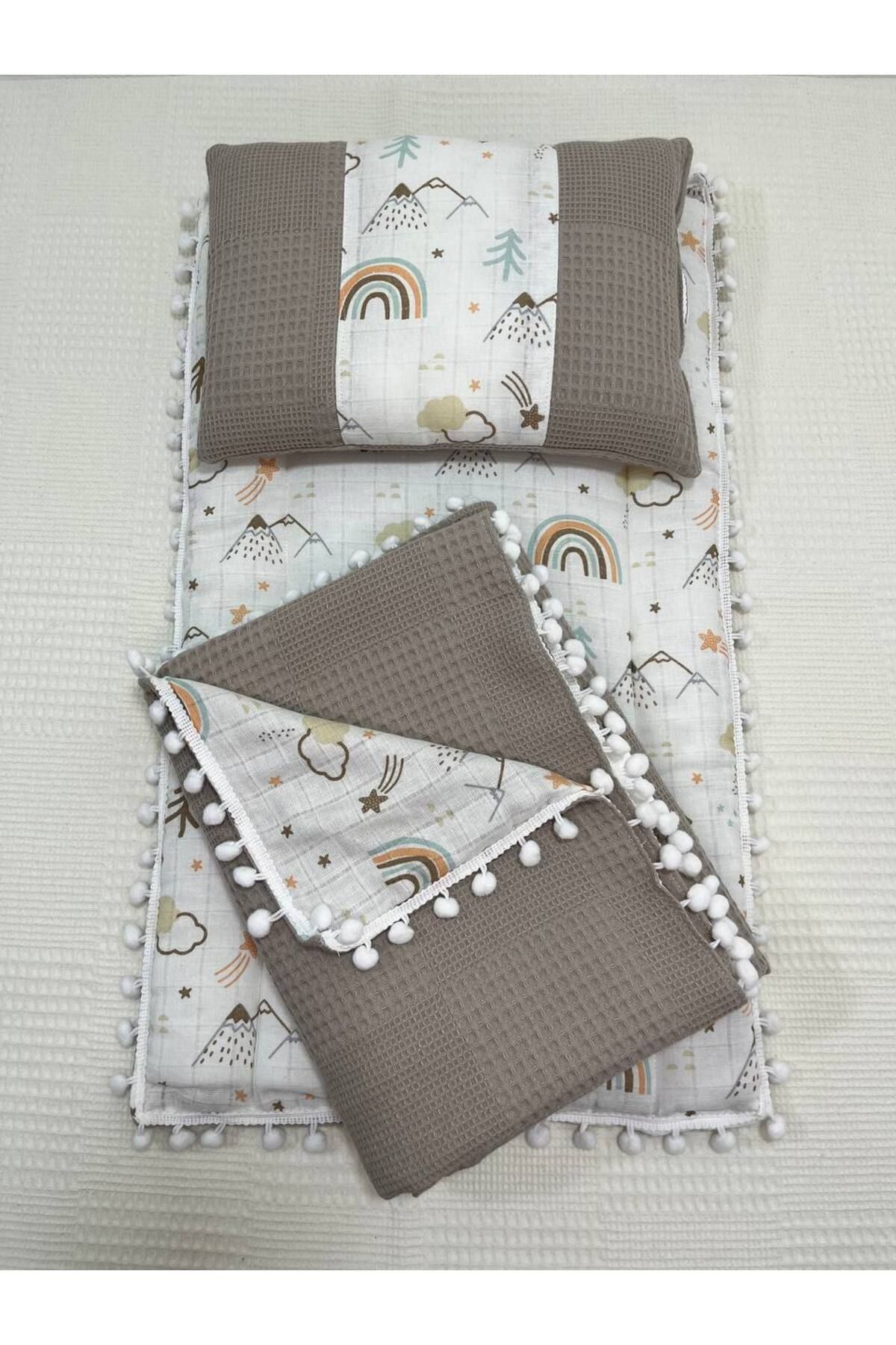 BUSEBABYHOME Kahverengi , Muslin Ve Ponponlu Alt Açma , Yastık Ve Battaniye 3'lü Set fotoğrafı 4 (önizleme)