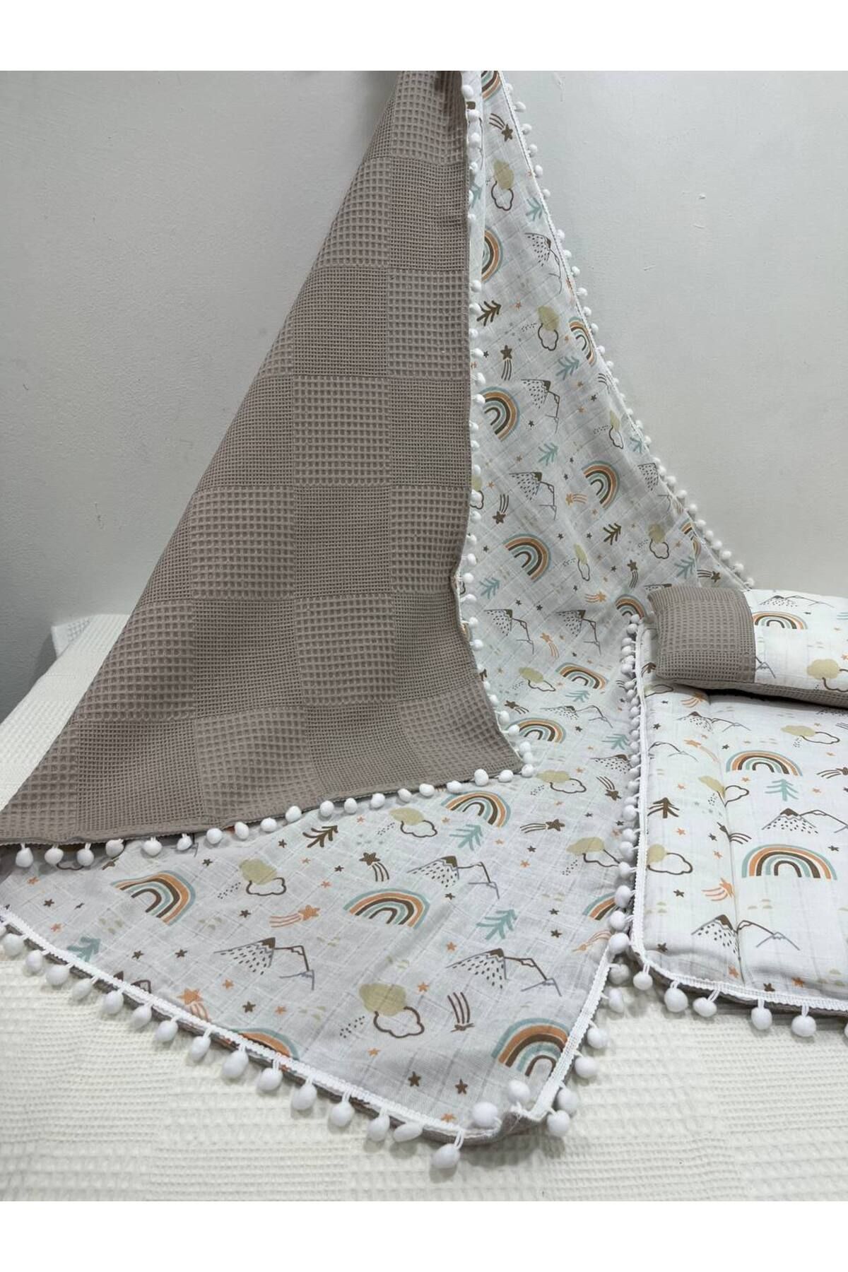 BUSEBABYHOME Kahverengi , Muslin Ve Ponponlu Alt Açma , Yastık Ve Battaniye 3'lü Set fotoğrafı 2 (önizleme)