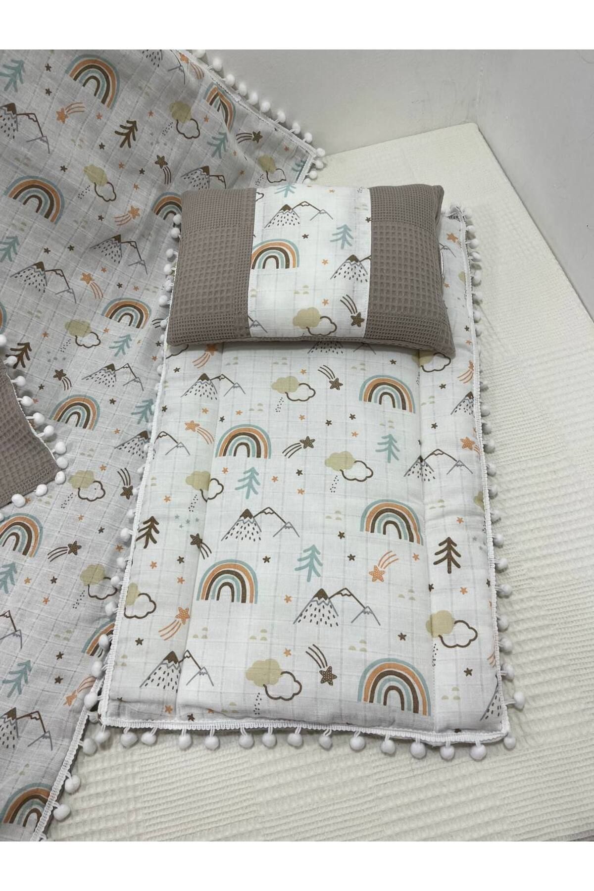 BUSEBABYHOME Kahverengi , Muslin Ve Ponponlu Alt Açma , Yastık Ve Battaniye 3'lü Set fotoğrafı 3 (önizleme)