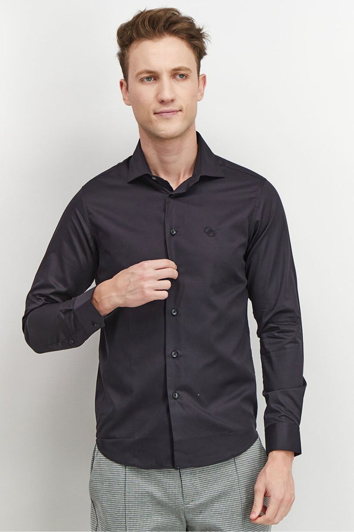 Cavalli Class-Men Slim Fit Long Sleeves Embroidered Dress Shirt, Black 1
