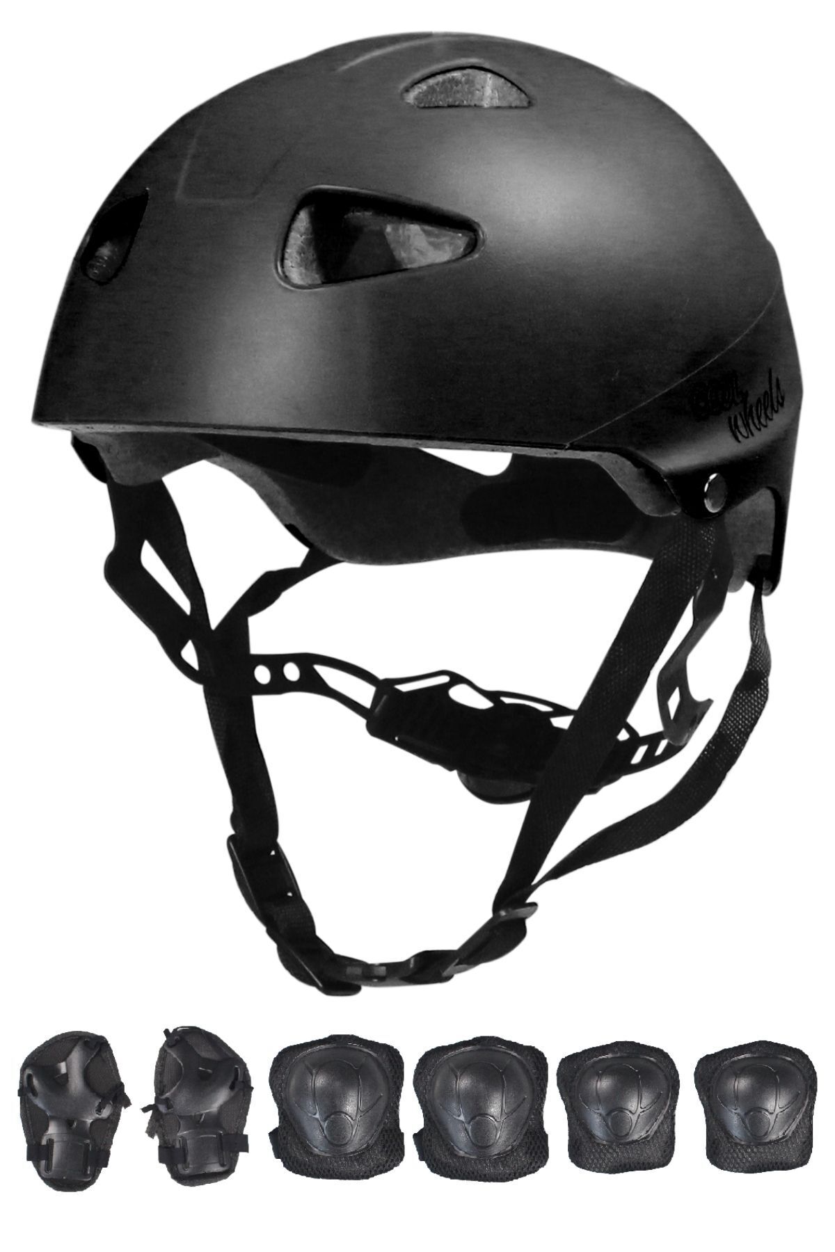 Sportaj Siyah Çocuk Kaskı Spor Koruyucu Kask Dizlik Dirseklik Donanım Seti Kaykay Bisiklet Scooter Paten içi