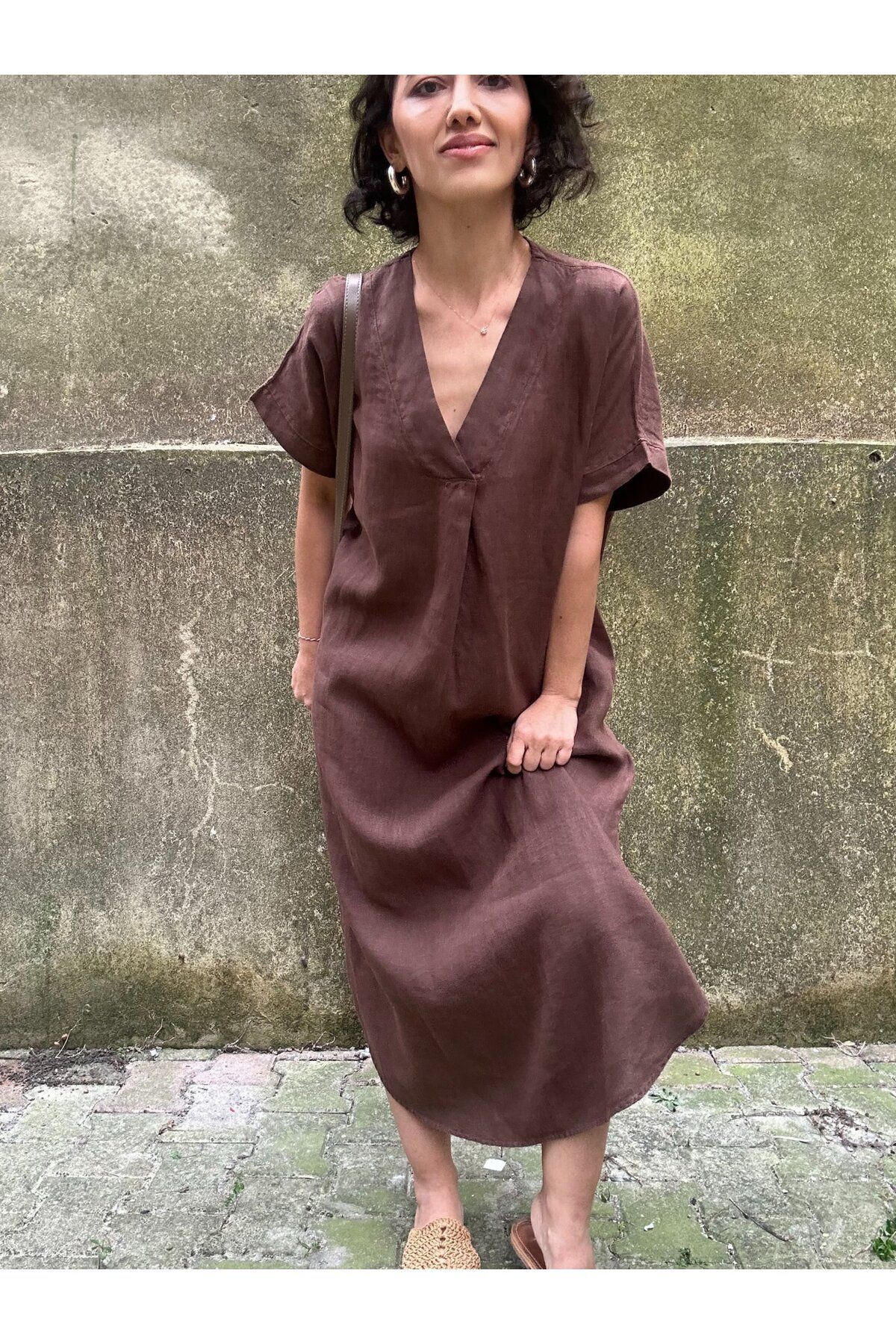 soBasic-Rochie 100% in, cu decolteu în V, cu mâneci căzute și cu fante - maro 5