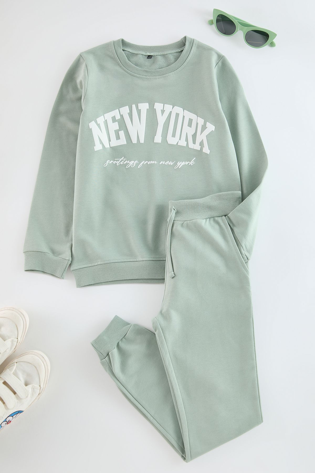 TRENDYOLKIDS Mint Girl's Slogan Cotton Knitted Bottom-top Suit Tkdaw25au00038 Kobieta - 11–12 years