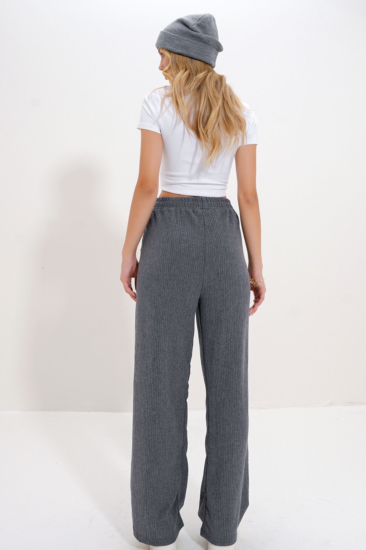 Trend Alaçatı Stili-High Waist Elastic Anthracite Wide Leg Women's Trousers - Alc-X12712 5