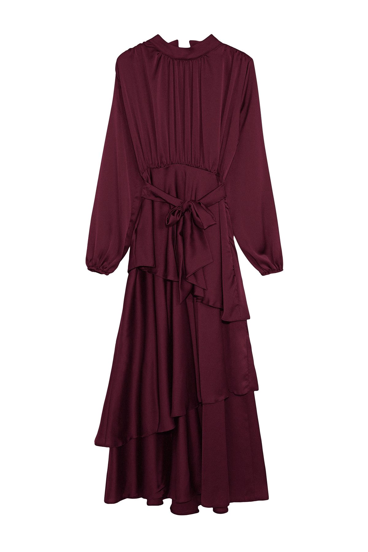 Trendyol Modest-فستان سهرة منسوج من الساتان بطبقات تنورة باللون العنابي TCTSS24DB00050 6