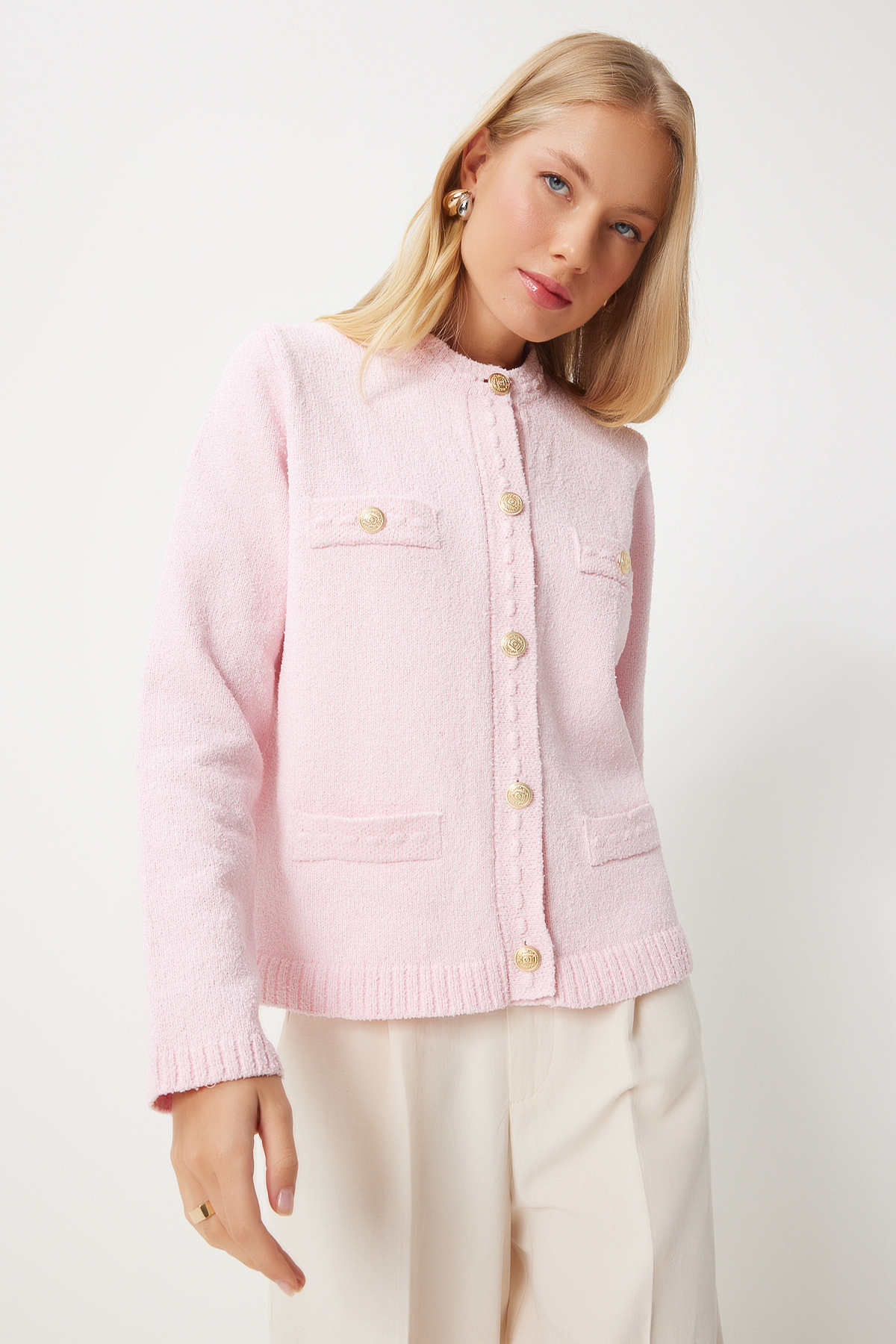 Happiness İstanbul Rosa Damen-Strickjacke – geknöpft und strukturiert DP00211