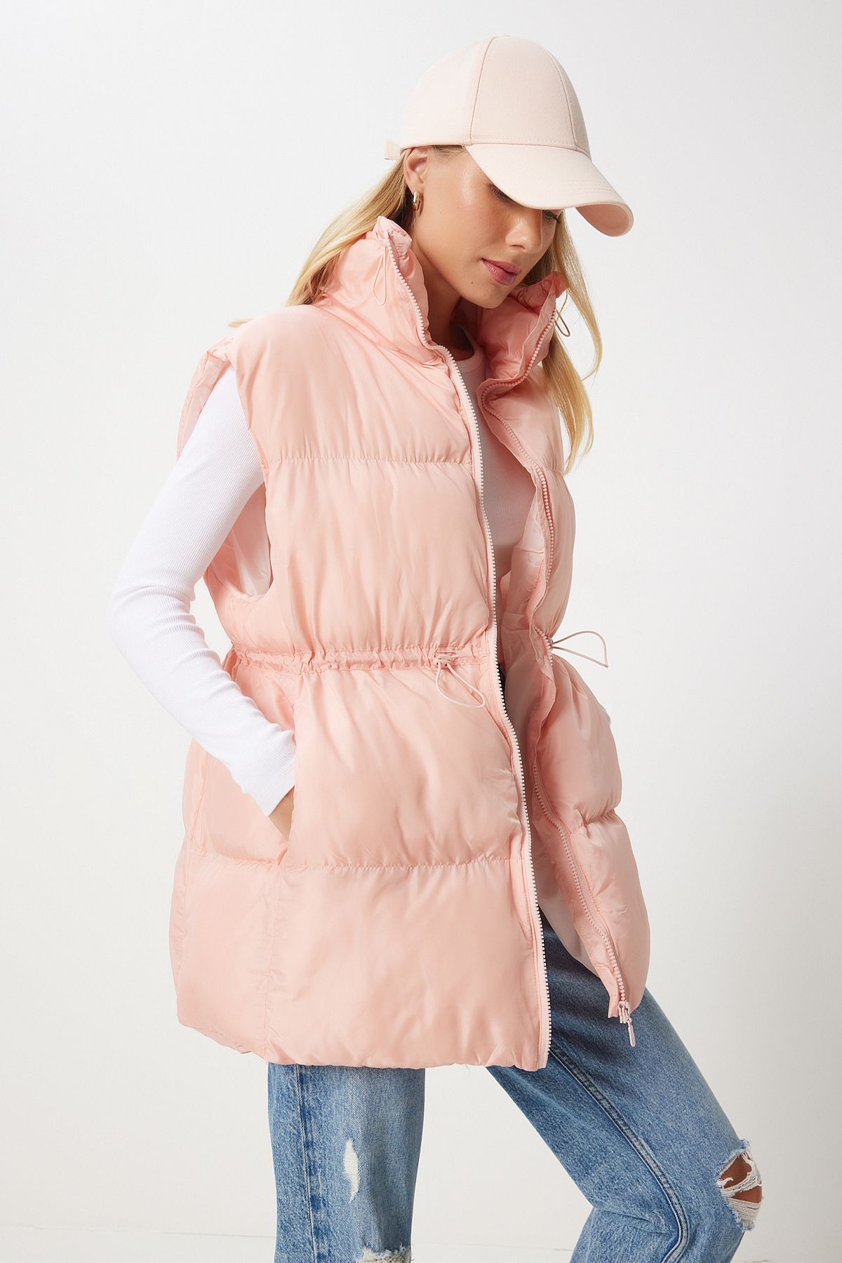Happiness İstanbul Rosa Pufferweste Mit Kordelzug An Der Taille – für Damen - One Size