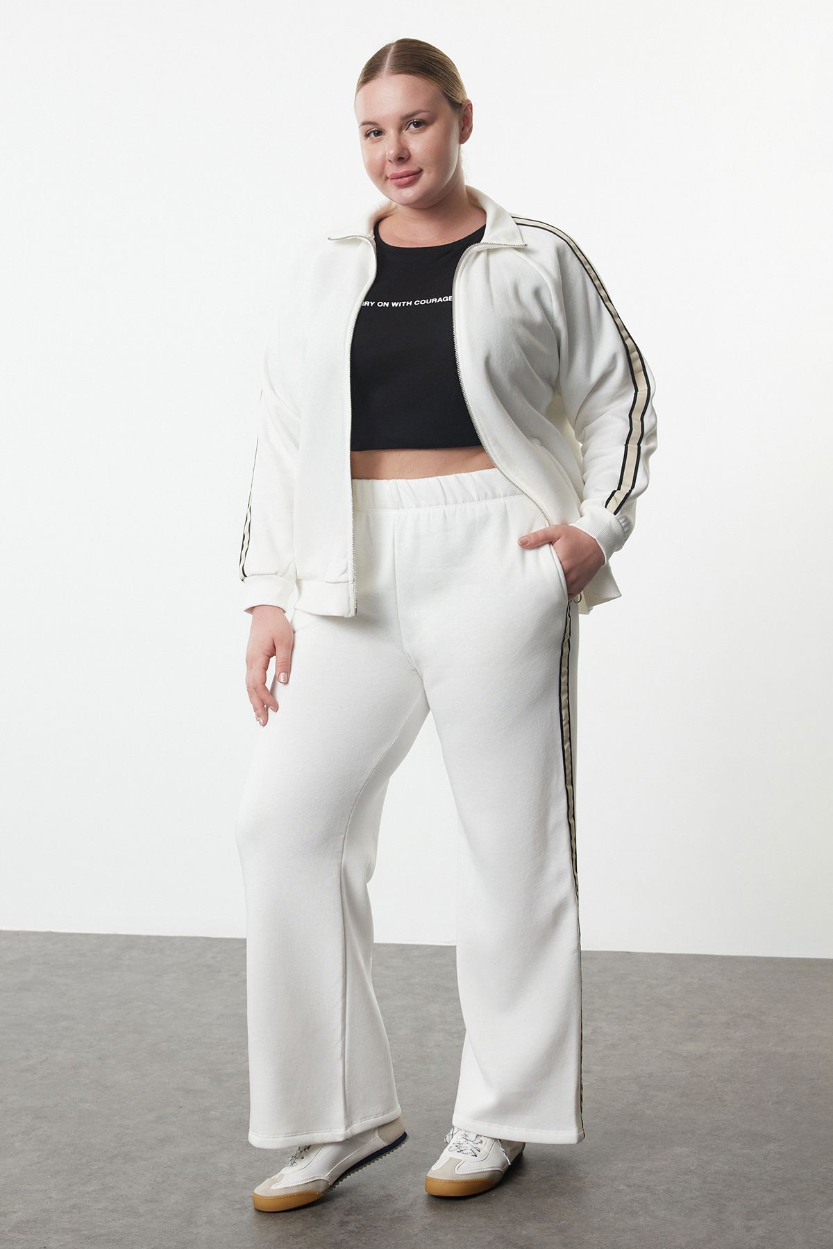 Trendyol Curve Set De Trening Tricotat Cu Fleece De Mărime Mare - Guler Vertical, Detaliu Dungi Femeie - XL