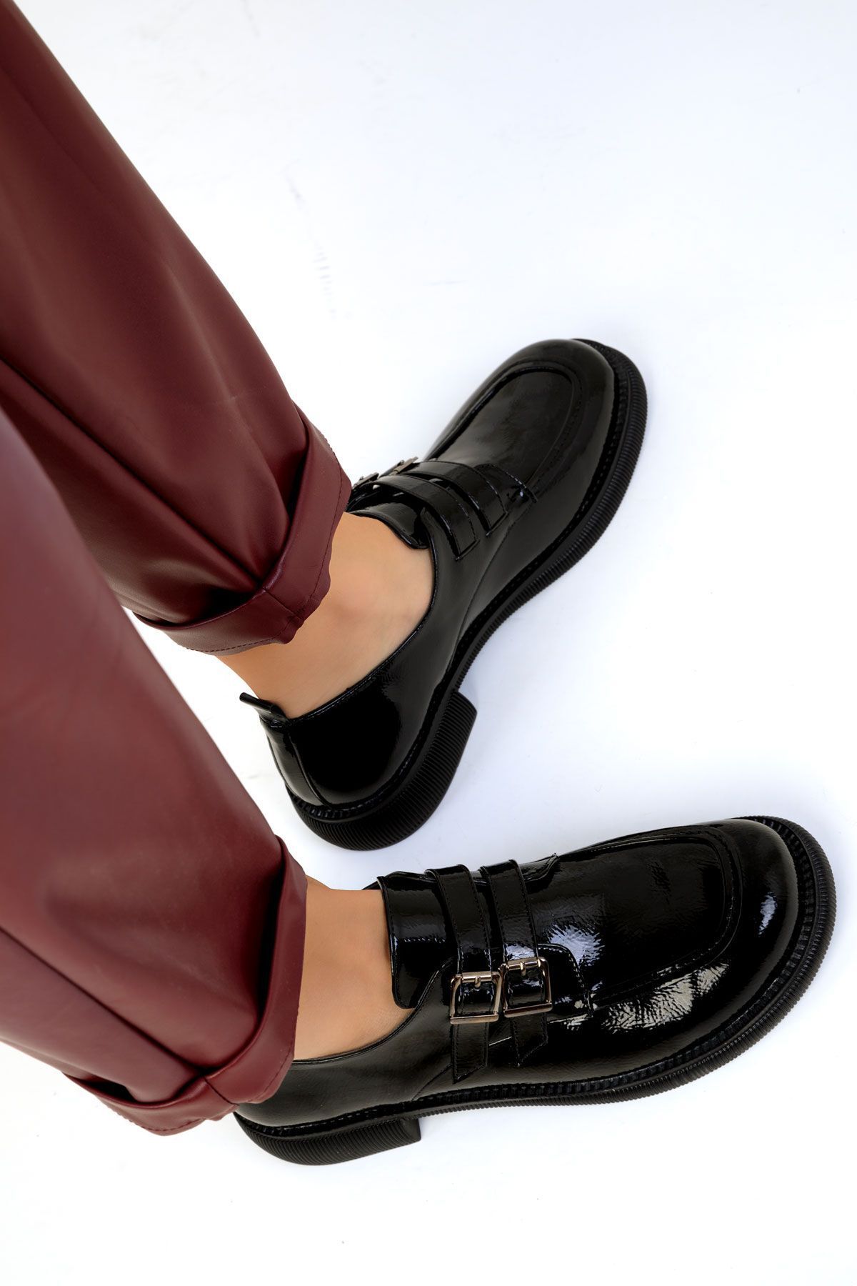 SOHO-Black Patent Leather White Women's Loafer Shoes 19537 4