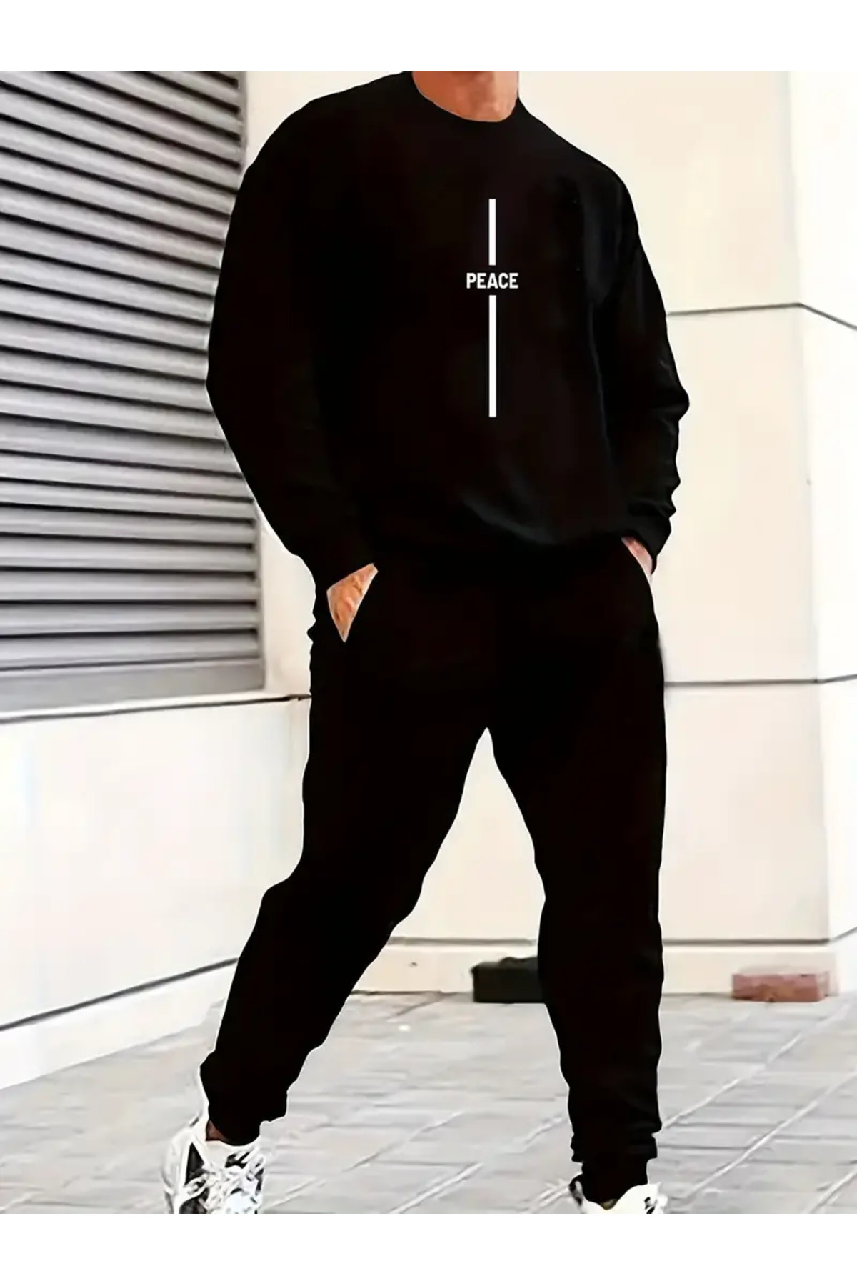 Pink Sky Peace Baskılı Bisiklet Yaka Alt Üst Takım Oversize Eşofman Takımı