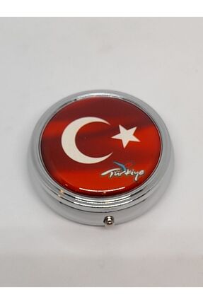 HAN EL SANATLARI Metal Yuvarlak Türk Bayraklı Ilaç Kutusu Saklama Kabı