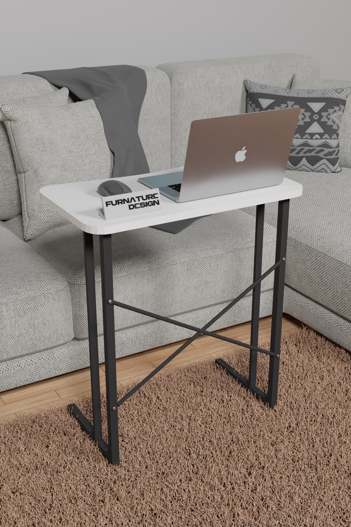 FurnatureDesign Metal Ayaklı Laptop Sehpası Kahvaltı Masası Çalışma Sehpası Beyaz 60x35
