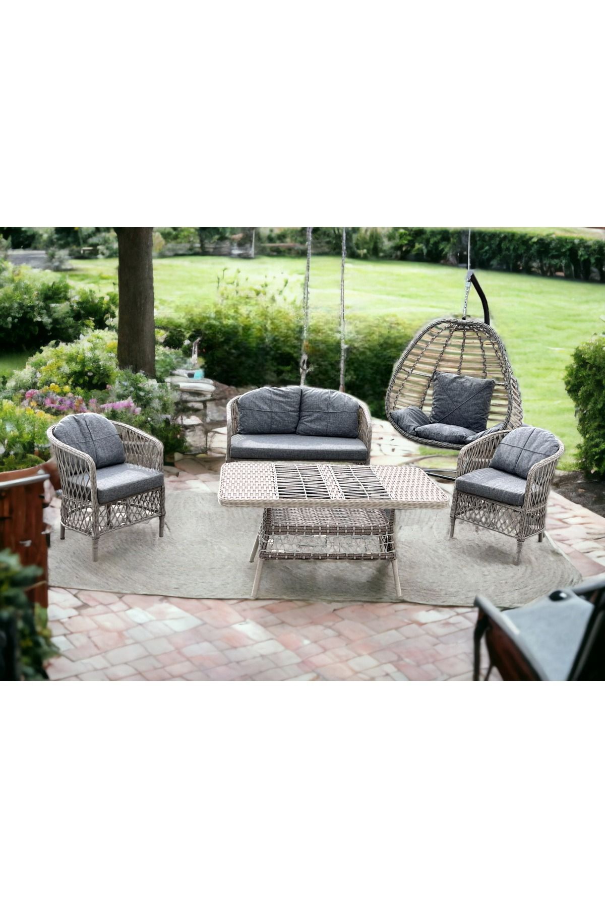 Rattan Tire Rattan 2+1+1+masa+rattan Salıncak Bahçe,balkon Mobilyası,gri Oturma Grubu Gri 2 + 2 Ret