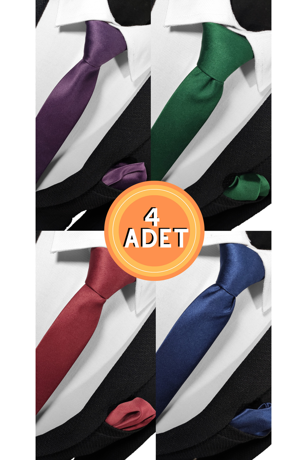  ست کراوات و دستمال جیبی بسیار نازک 4 سانتی‌متری Advantage در رنگ‌های آلویی، سبز، زرشکی و سرمه‌ای (مجموعه تکه‌ای)