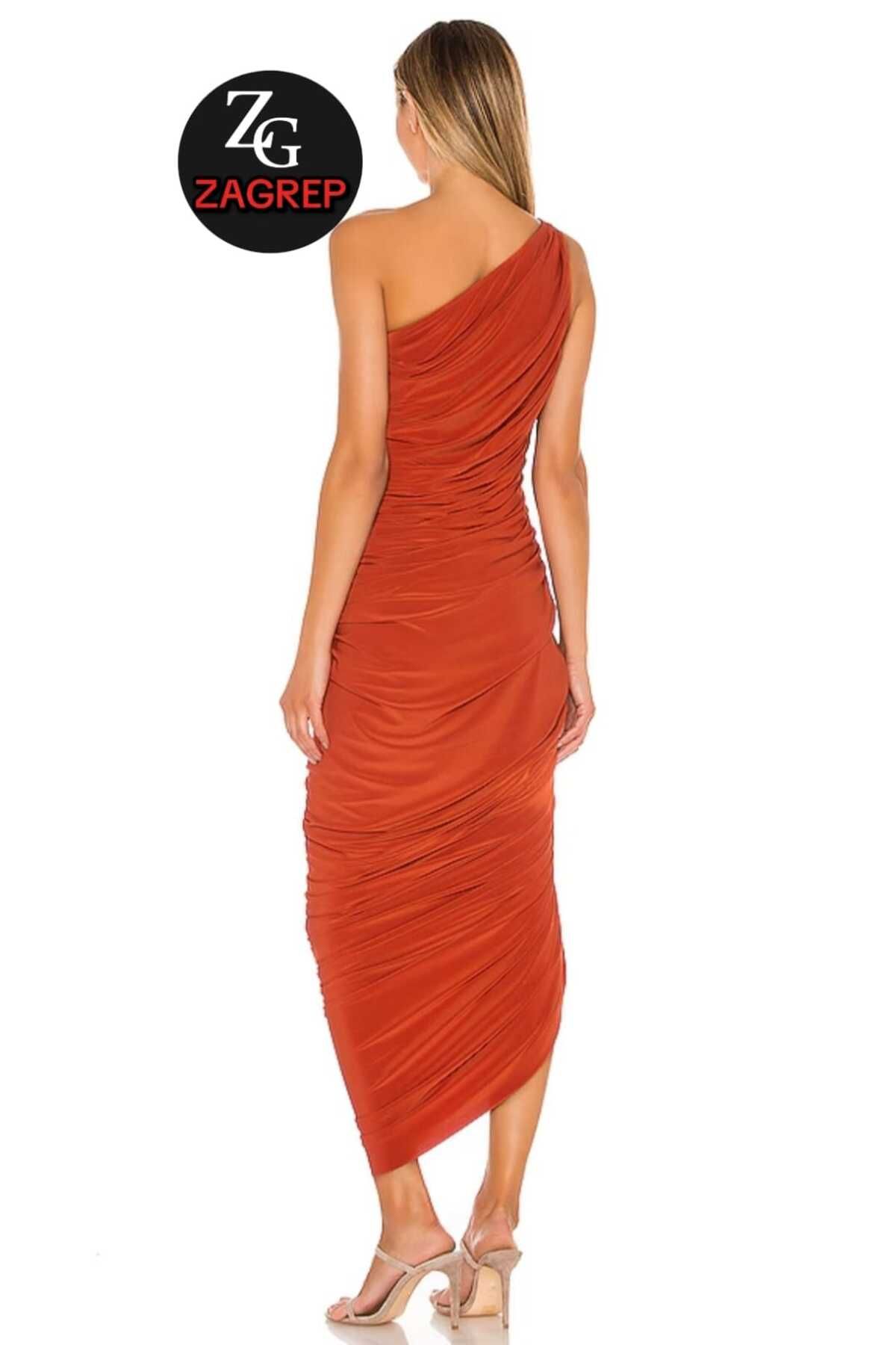 Zagrep-Brick Color Draped Midi Dress with One Shoulder Lining - Zippered and No Inner Display 2