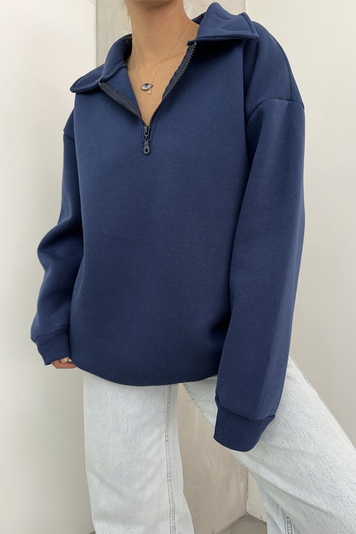 Sun Victoria-Women's Navy Blue Polo Neck Oversize 3 Thread Ribbed Sweatshirt 6
