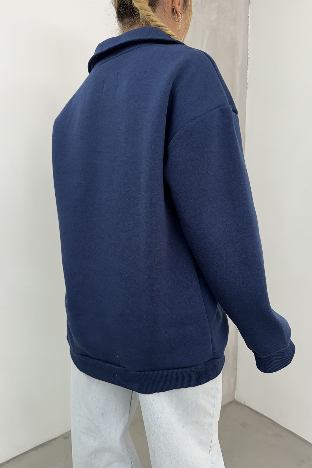 Sun Victoria-Women's Navy Blue Polo Neck Oversize 3 Thread Ribbed Sweatshirt 8
