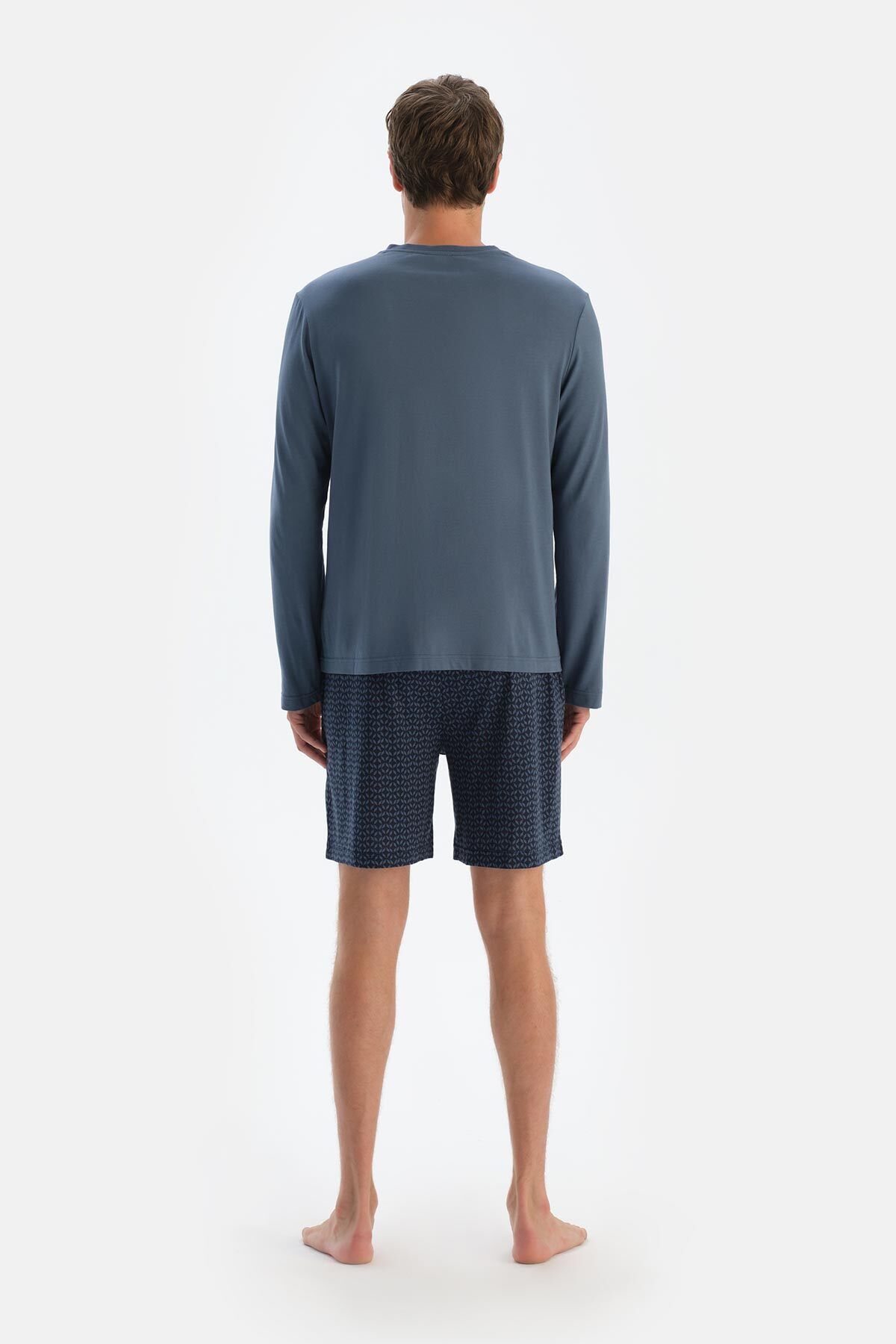 ست پیژامه مردانه نیمه آبی تیره تخم مرغ آستین بلند T SHIRT شلوار شلوارک لباس خواب سه گانه Dagi