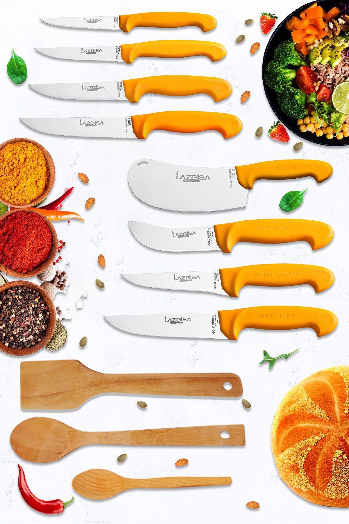 LAZBİSA-Gold Series Kitchen Knife Set - Pastry, Montessev and Wooden Spoon (11 Pieces) 1