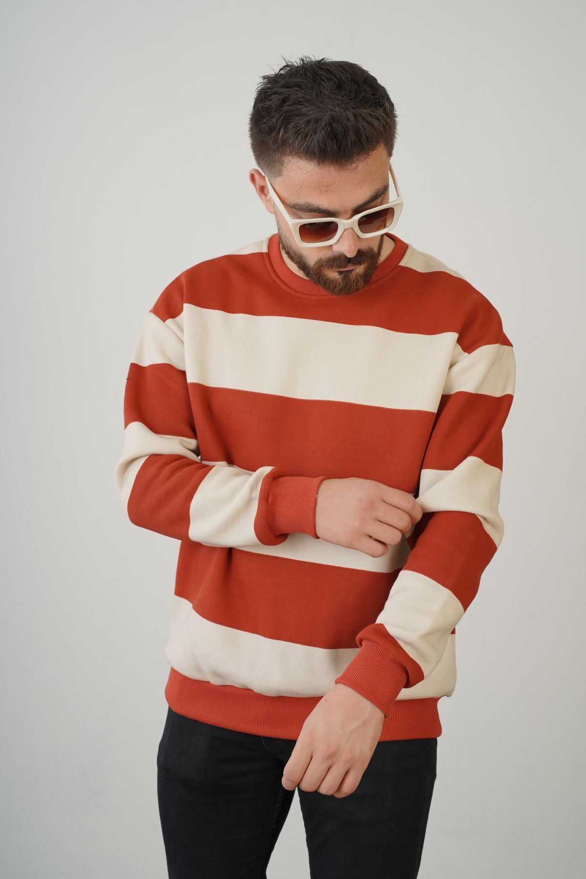 crew neck ribbed oversized pattern striped sweatshirt