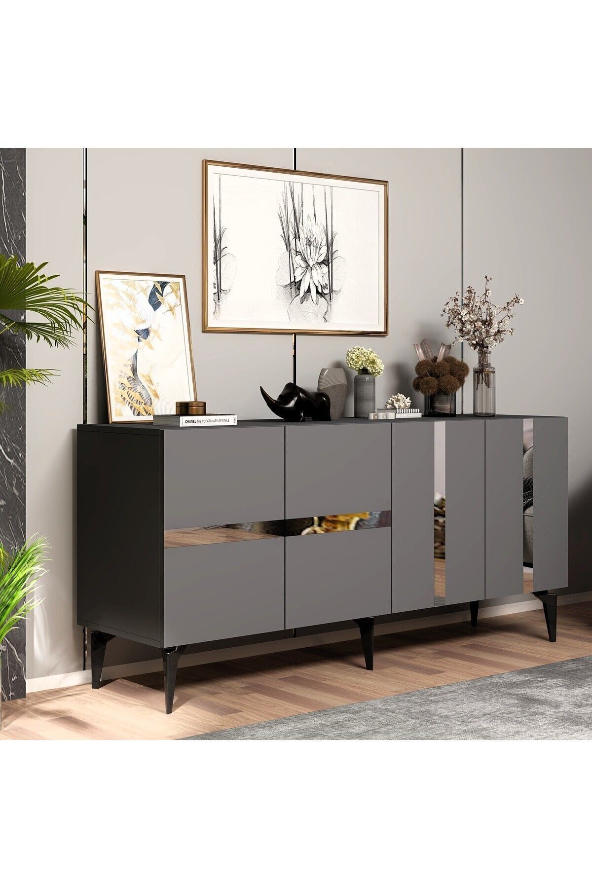 DEMONTE DECOR Vaniadh Konsol 4 Kapaklı Antrasit Gümüş