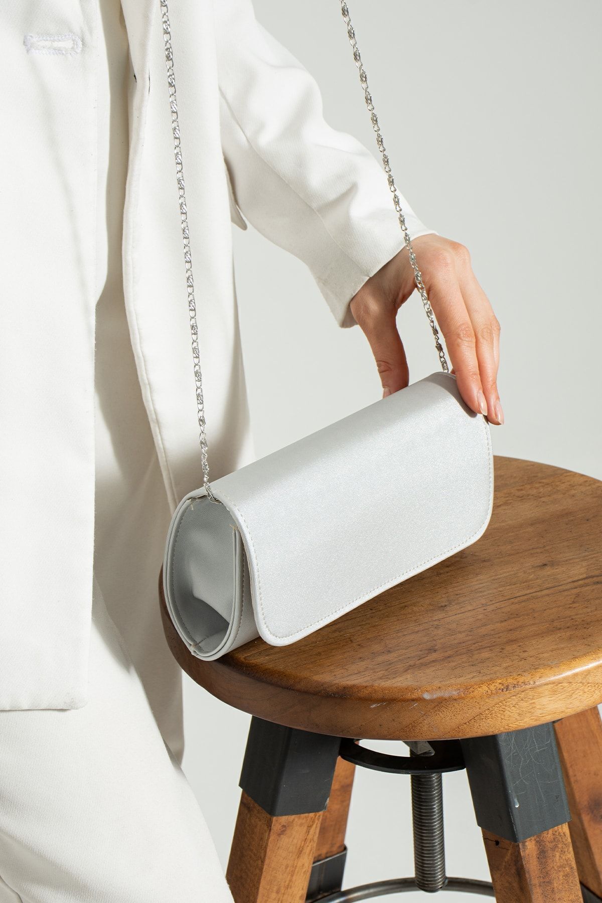Gümüş Saten Abiye Çanta Portföy Çanta Clutch Çanta Satendüzz