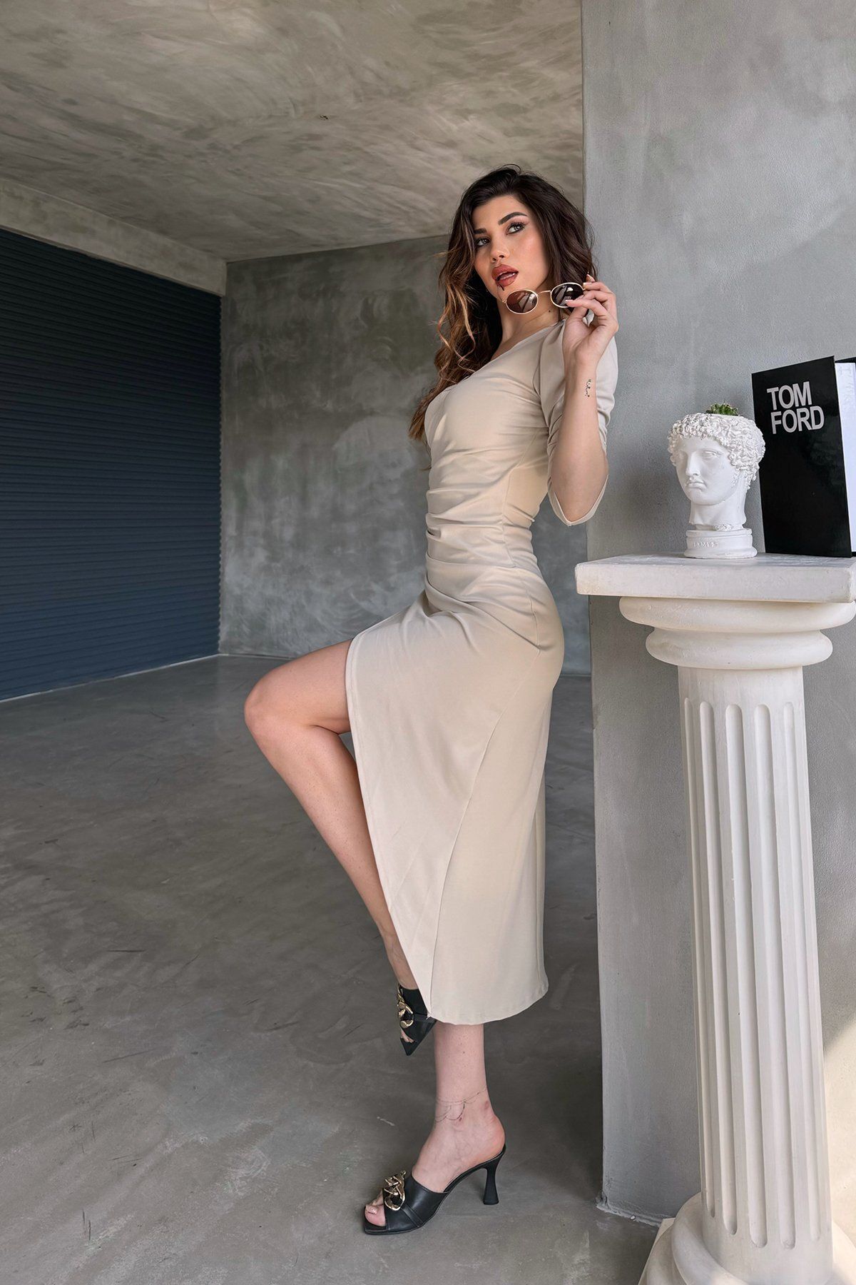 RURIS-Beige Midi Evening Dress - V-Neck, Three-Quarter Sleeve, Wrap Skirt, Diver Design Graduation Dress 8