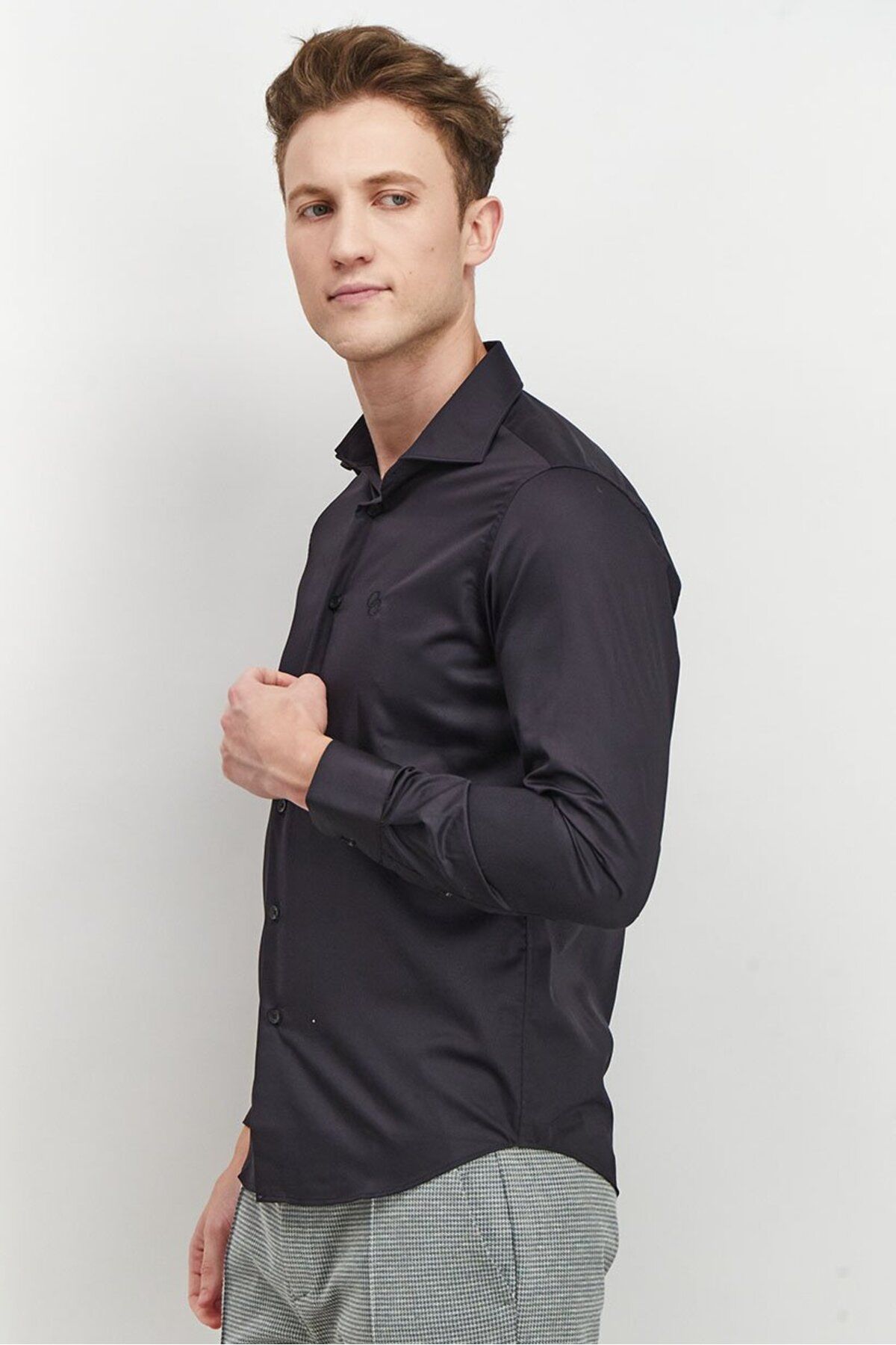 Cavalli Class-Men Slim Fit Long Sleeves Embroidered Dress Shirt, Black 2