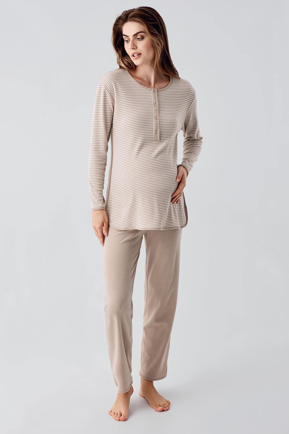 Artış Uzun Kollu Düğmeli Esnek Şardonlu Viskoz Hamile Pijama Takım