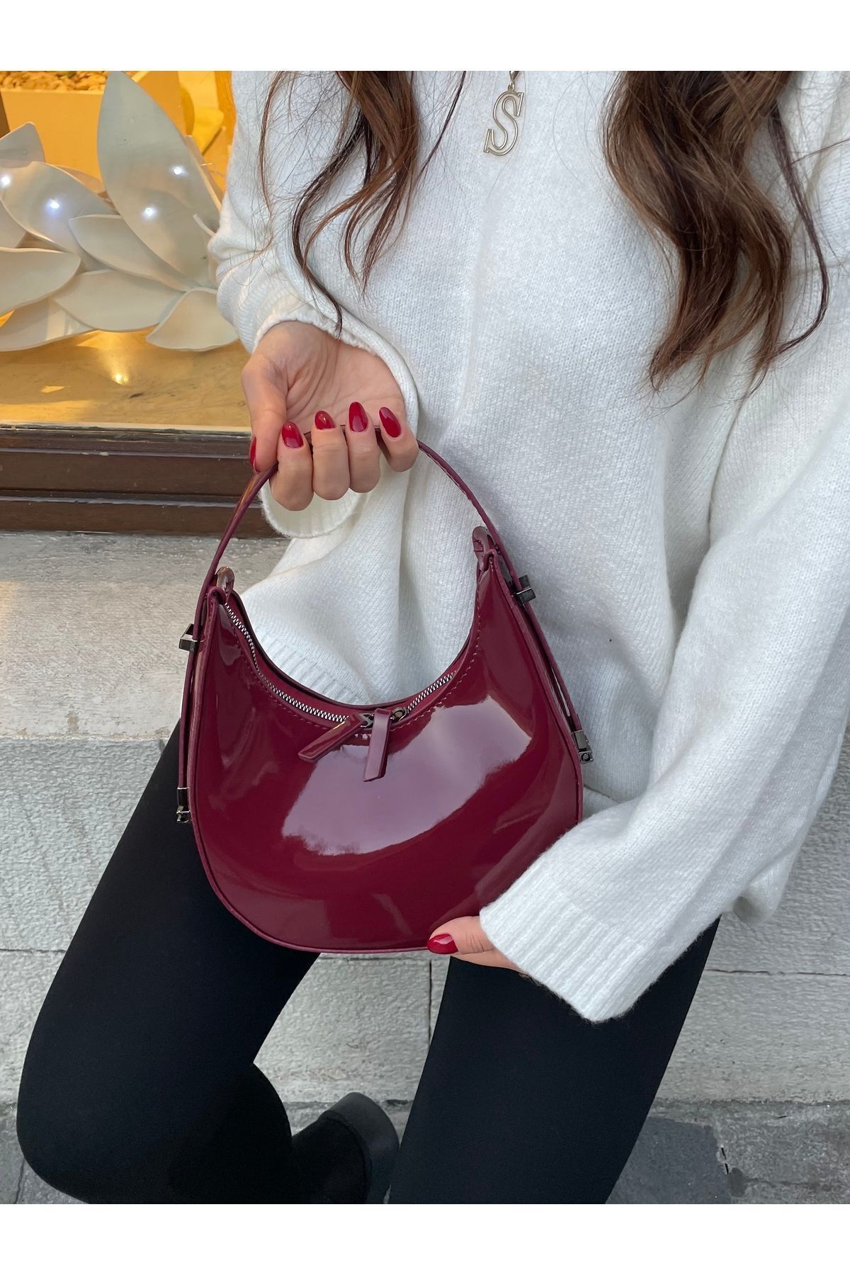 Goldies Bag Women s Burgundy Cherry Red Patent Leather Shiny Lock Strap Pinterest Baguette Hand and Shoulder Bag Trendyol