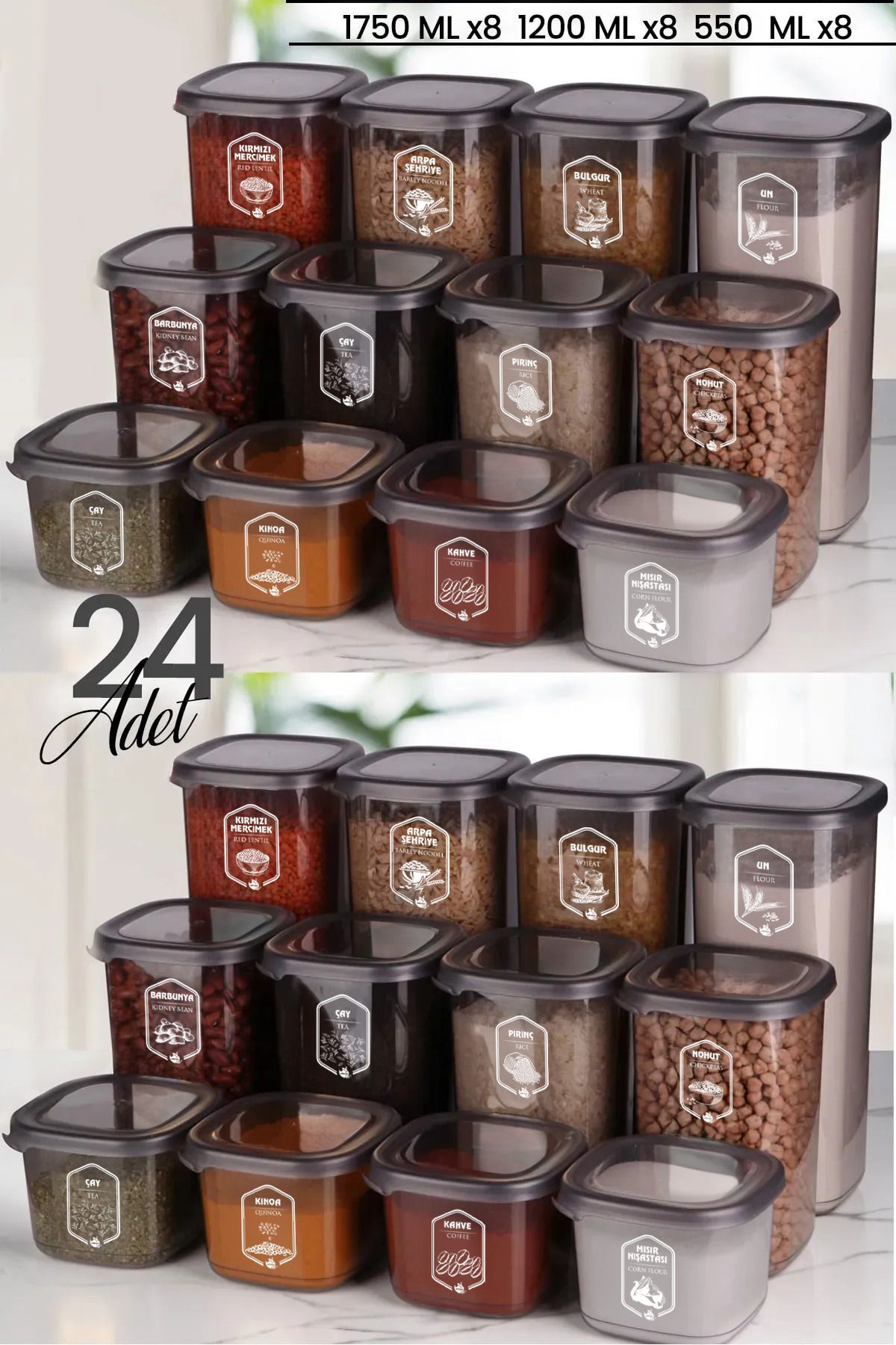 Kitchen Life-مجموعة حاويات تخزين طعام مربعة مكونة من 24 قطعة × 8 (550 مل - 1200 مل - 1750 مل) جرة بغطاء صلب 1