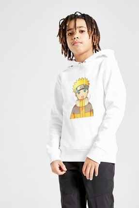 Unisex Çocuk Kapüşonlu Beyaz Sweatshirt Anime Naruto Uzamaki Baskılı BGA0395-COCKP