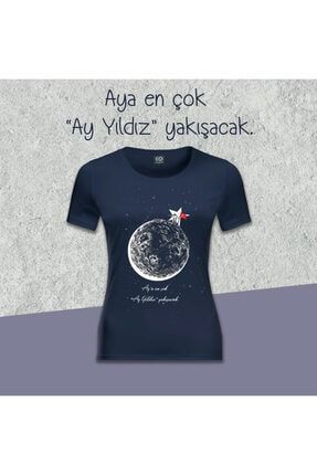 Türk Bayraklı Astronot Kadın Lacivert Tişört 002021ACTKLAC