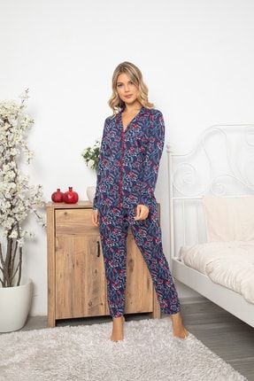 Lacivert Renkli Çiçek Desenli Pamuklu Likralı Gömleği Düğmeli Biyeli Pijama Takımı 70062