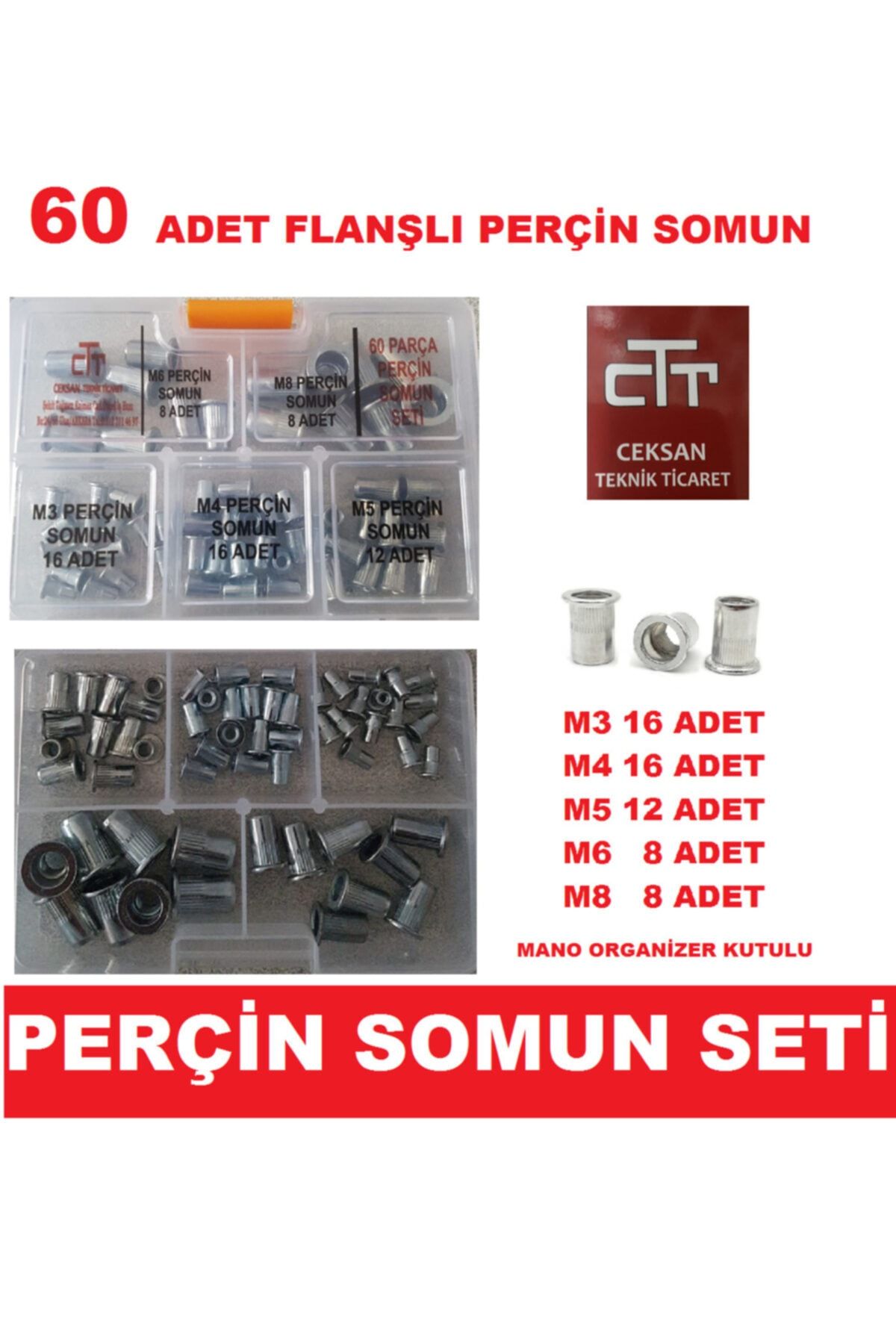 CEKSAN-60 Pieces Flanged Rivet Nut Set M3-M4-M5-M6-M8 1