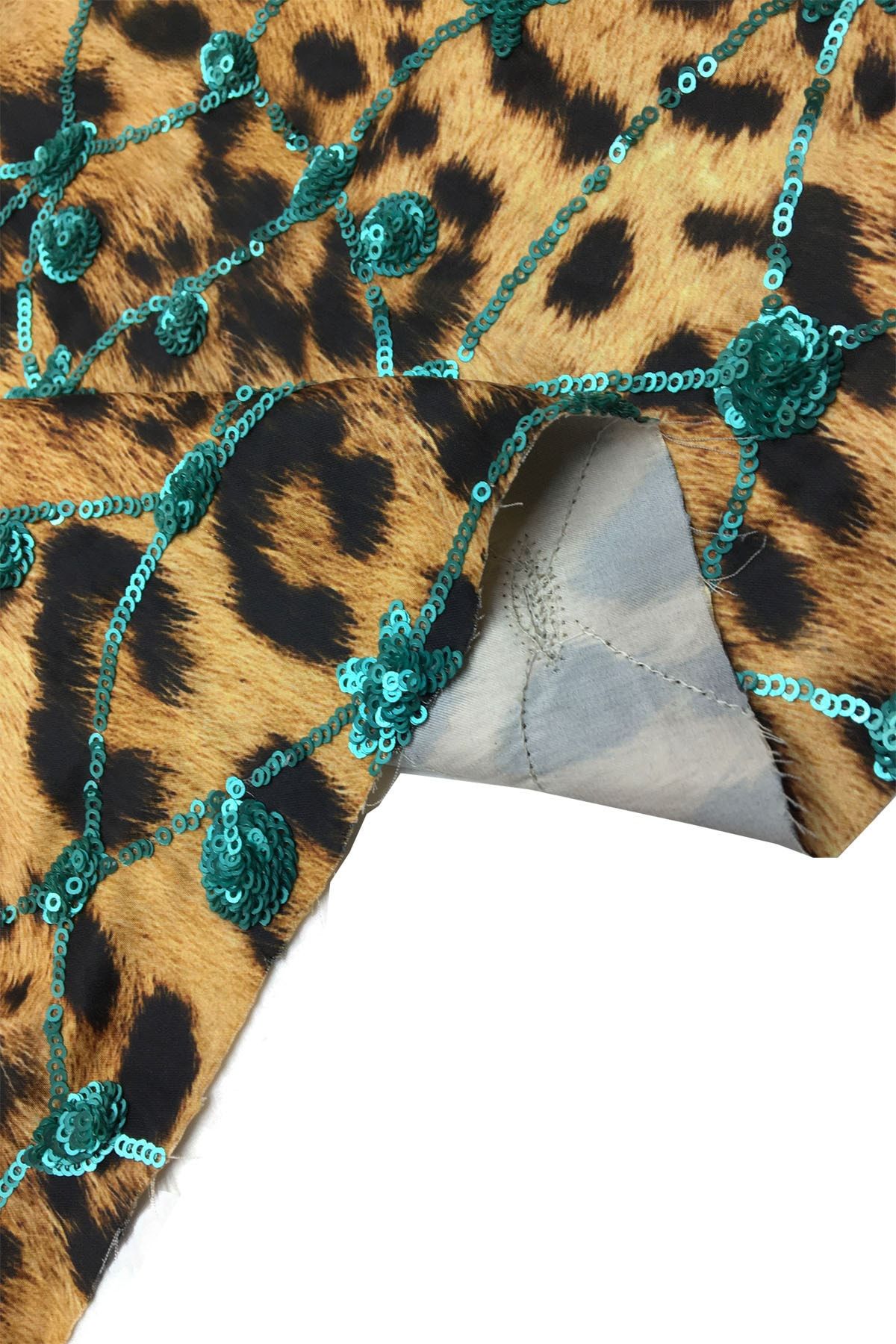 Yiğit Kumaş-Thin Satin Over Sequin Fabric Mint Sequin Over Leopard - Meter Product 100x135 Cm 3