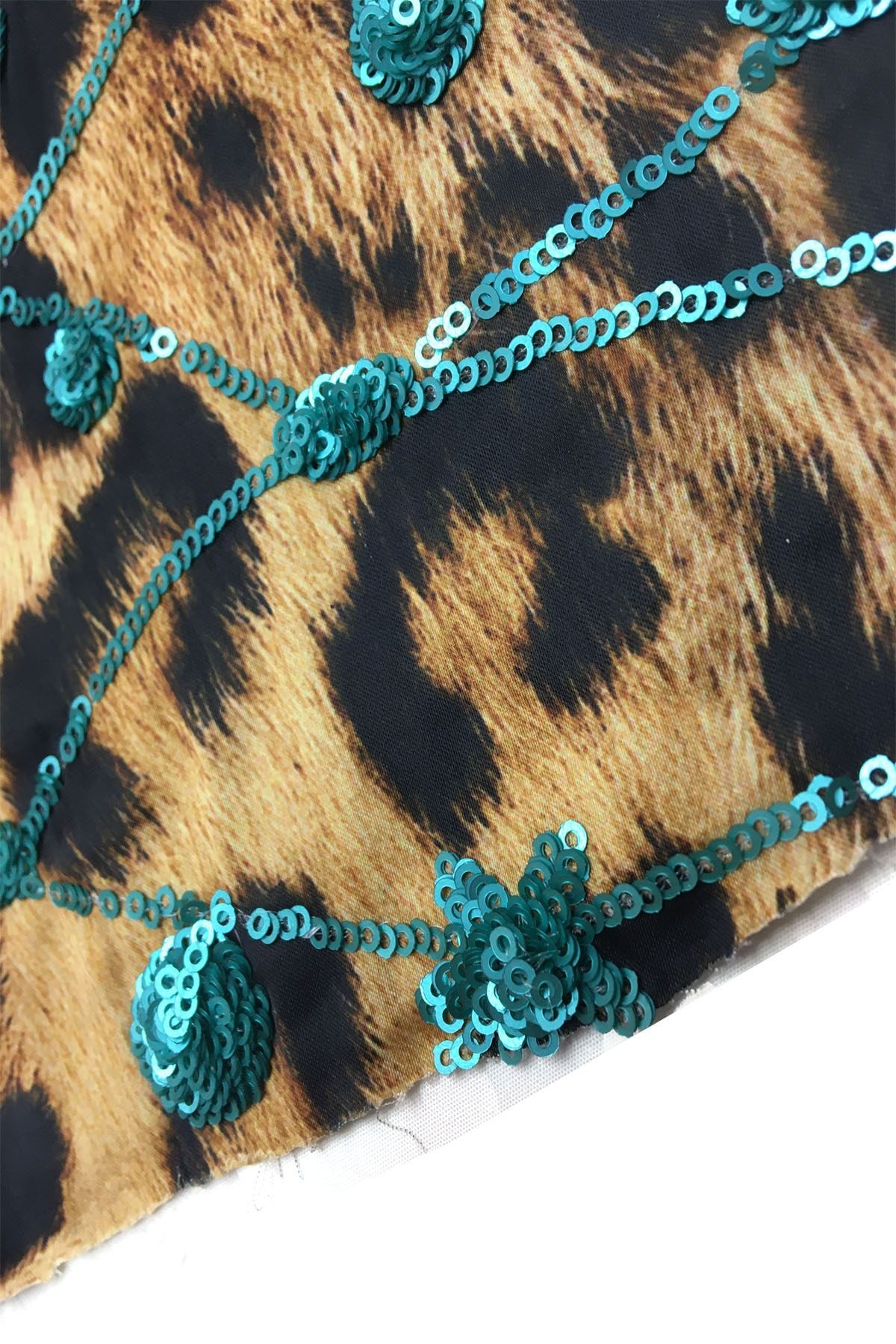 Yiğit Kumaş-Thin Satin Over Sequin Fabric Mint Sequin Over Leopard - Meter Product 100x135 Cm 4
