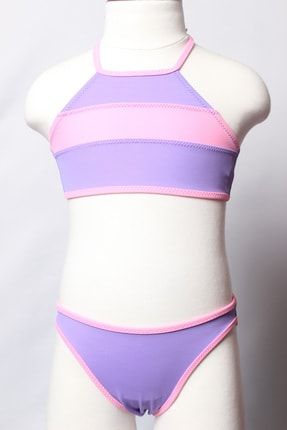 Kız Çocuk Lavanta Bustiyer Model Boyundan Bağlamalı Alt Üst Düz Bikini Takım 186 ÇBD186
