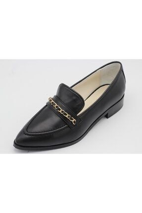 Kadın Hakiki Deri Siyah Gold Zincir Detaylı Rahat Kalıp Loafer Ayakkabı HS-1020