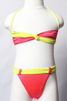 Ayl Kız Çocuk Nar Straplez Boyundan Bağlamalı Alt Üst Bikini Düz Takım 86 ÇBD86